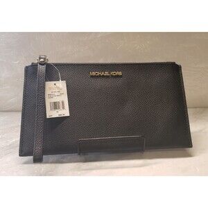 New Authentic Michael Kors Jet Set Large Zip Pebbled Leather Clutch Wristlet-Blk